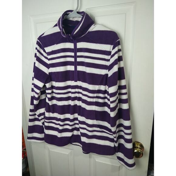 Lands End Woman M Fleece Track Jacket Purple White Striped Casual 1/4 Zip... - Picture 2 of 7